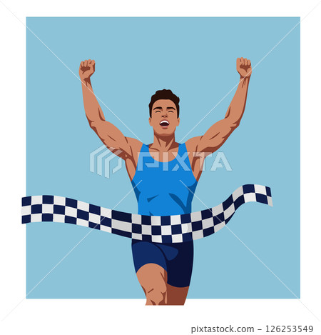 Male athlete crossing finish line winning race with raised arms in blue outfit vector illustration 126253549