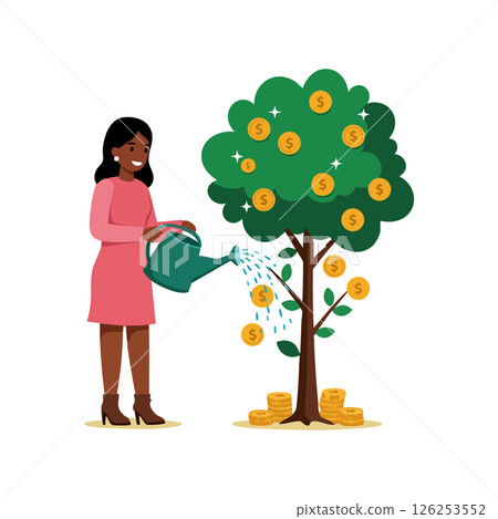 Woman watering money tree growing golden coins and dollar symbols financial growth illustration Woman watering money tree growing golden coins and dollar symbols financial growth illustration 126253552