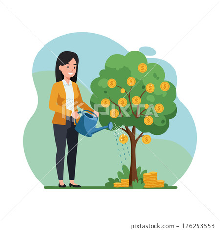 Woman watering money tree with golden coins and growing wealth concept vector illustration Woman watering money tree with golden coins and growing wealth concept vector illustration 126253553