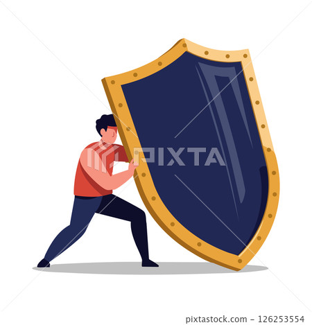 Man pushing large blue and gold medieval shield protecting against threats vector illustration 126253554