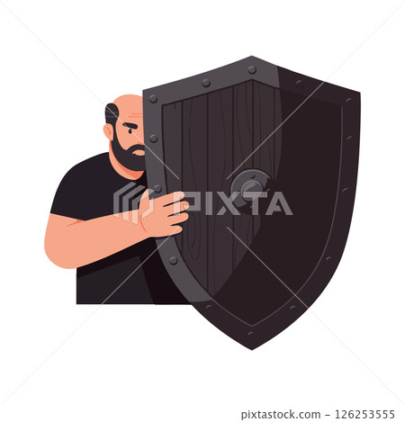 Bearded man holding large wooden medieval shield vector illustration protective defense concept 126253555