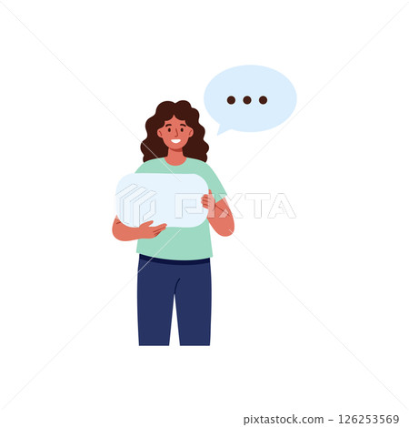 Woman holding blank speech bubble with three dots illustration vector design 126253569