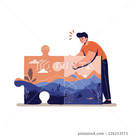 Man assembling large orange and blue puzzle landscape illustration vector 126253573