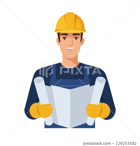 Construction worker holding blueprints wearing yellow hard hat and gloves vector illustration 126253582