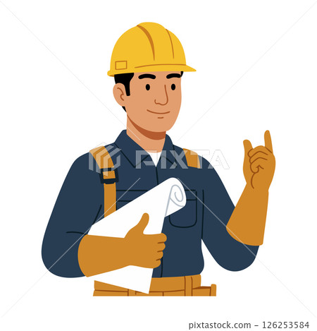 Construction worker with safety helmet holding blueprint vector illustration in blue and yellow colors 126253584