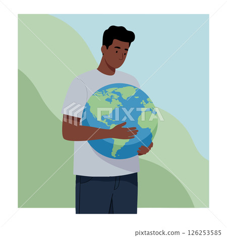 Young man holding globe environmental awareness illustration with green and blue colors vector Young man holding globe environmental awareness illustration with green and blue colors vector 126253585