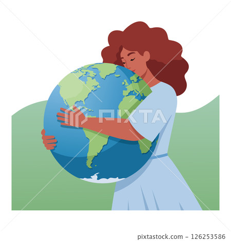 Woman hugging globe earth illustration showing environmental care and global love concept Woman hugging globe earth illustration showing environmental care and global love concept 126253586