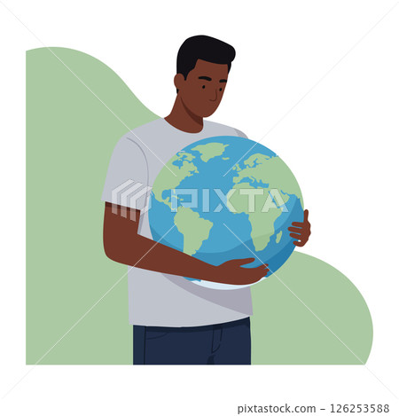 Man holding earth globe environmental care concept vector illustration Man holding earth globe environmental care concept vector illustration 126253588