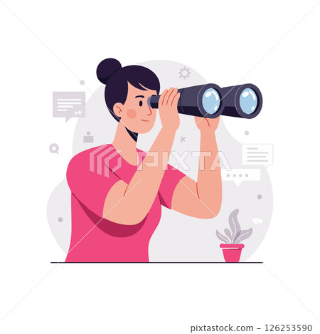 Woman in pink shirt looking through binoculars with digital icons background vector illustration Woman in pink shirt looking through binoculars with digital icons background vector illustration 126253590
