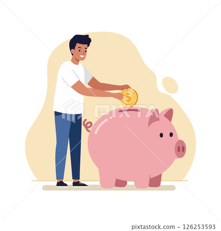 Man putting coin in large pink piggy bank saving money concept illustration 126253593