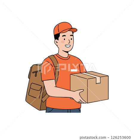 Delivery man holding cardboard box in orange uniform with backpack vector illustration Delivery man holding cardboard box in orange uniform with backpack vector illustration 126253600