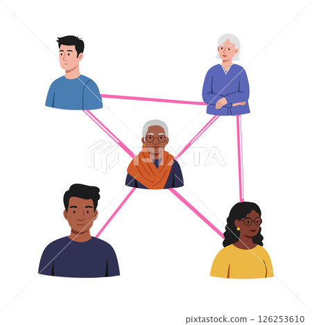 Diverse People Connected Through Social Network Illustration with Pink Lines and Different Genders and Ages 126253610