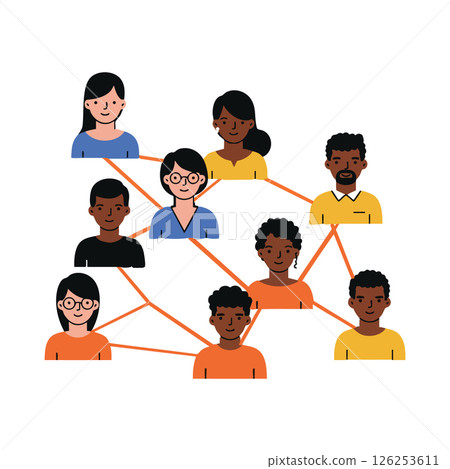 Diverse group of people connected in social network illustration with colorful clothing and links Diverse group of people connected in social network illustration with colorful clothing and links 126253611