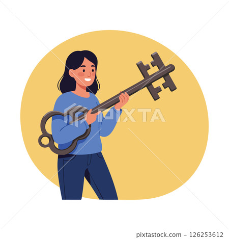 Woman holding large vintage key smiling happy lifestyle concept illustration vector 126253612