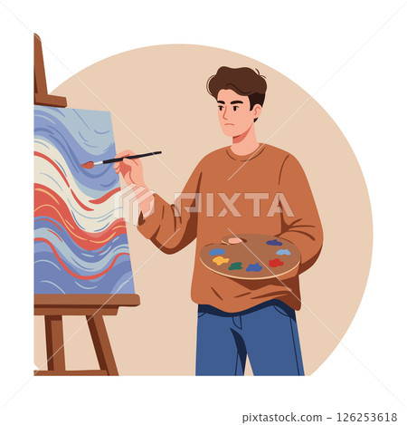 Young man painting abstract art with brush and palette in studio interior vector illustration 126253618