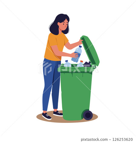 Woman recycling plastic bottles into green trash bin for environmental care and waste management vector illustration Woman recycling plastic bottles into green trash bin for environmental care and waste management vector illustration 126253620