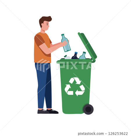 Man Recycling Plastic Bottles in Green Bin for Environmental Care and Waste Management Vector Illustration 126253622