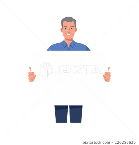 Smiling middle aged man holding blank white sign vector illustration with blue shirt and dark trousers 126253626