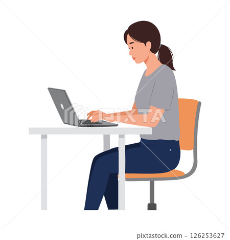 Woman Working on Laptop at Desk in Casual Outfit Sitting on Office Chair 126253627