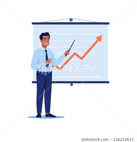 Businessman presenting rising graph on projection screen in office environment Businessman presenting rising graph on projection screen in office environment 126253631