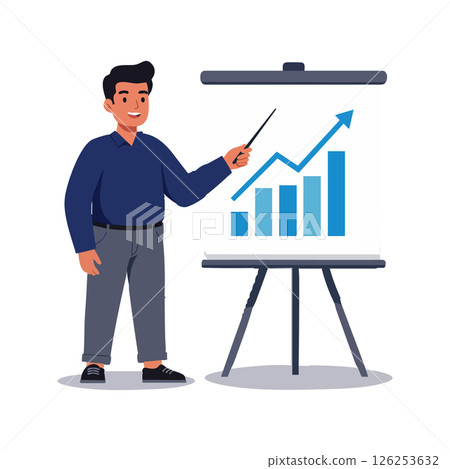 Man presenting business growth chart with upward arrow on flip chart vector illustration 126253632