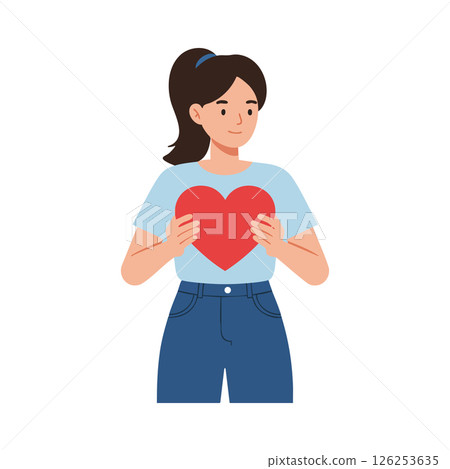 Young woman holding red heart symbol of love and care vector illustration 126253635