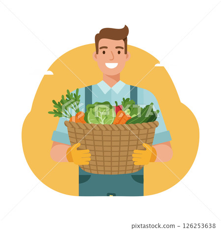 Farmer holding basket of fresh vegetables with green and orange produce vector illustration Farmer holding basket of fresh vegetables with green and orange produce vector illustration 126253638