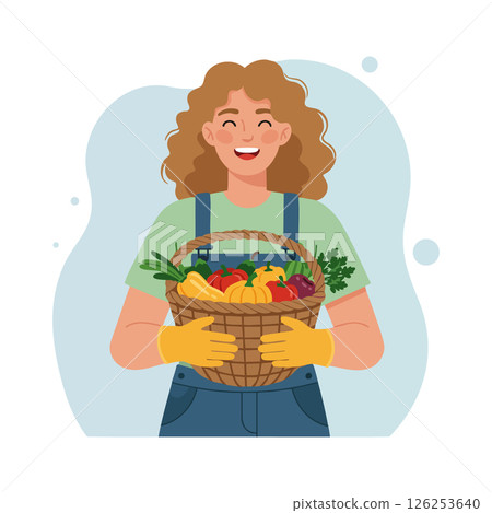 Young woman holding basket full of fresh vegetables and greens gardening concept vector illustration Young woman holding basket full of fresh vegetables and greens gardening concept vector illustration 126253640