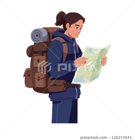 Female hiker with backpack reading map outdoors in casual clothing vector illustration 126253641
