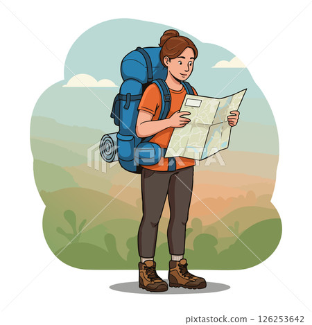 Female hiker with backpack reading map in natural landscape outdoors adventure scene 126253642