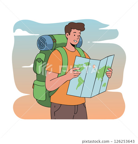 Young male backpacker exploring map for travel adventure outdoors with hiking gear and rolled mat 126253643