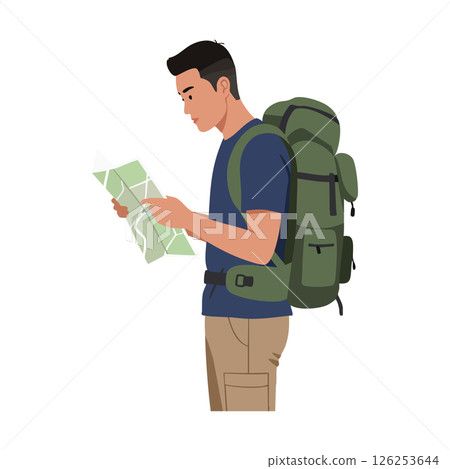 Male hiker with green backpack reading map in outdoor adventure activity vector illustration 126253644