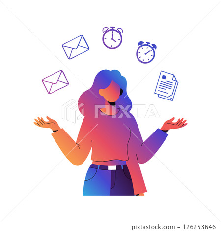 Woman Multitasking with Emails Clocks and Documents Vector Illustration in Gradient Colors 126253646