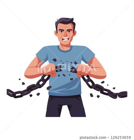 Man breaking heavy chains symbolizing strength and freedom in dynamic vector illustration 126253659