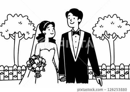 Bride and groom holding hands, elegant wedding couple silhouette, simple and romantic black line illustration for invitations or logos, vector style 126253880