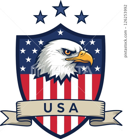 American bald eagle emblem with USA flag shield and stars vector design American bald eagle emblem with USA flag shield and stars vector design 126253992