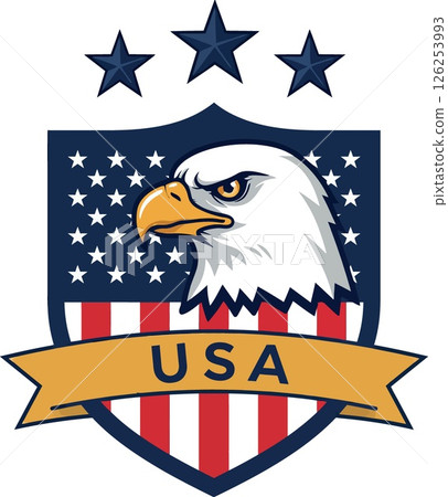 Eagle head with stars shield and usa flag banner patriotic emblem vector design Eagle head with stars shield and usa flag banner patriotic emblem vector design 126253993