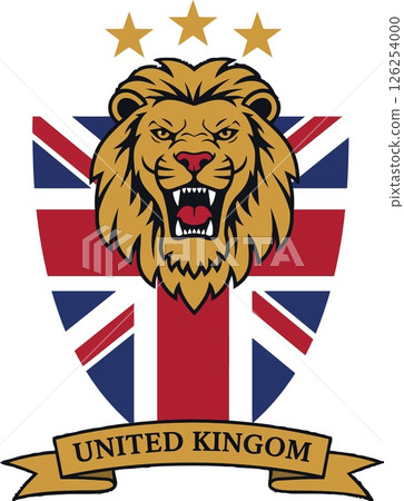 Lion head emblem with united kingdom flag shield and three stars vector design Lion head emblem with united kingdom flag shield and three stars vector design 126254000