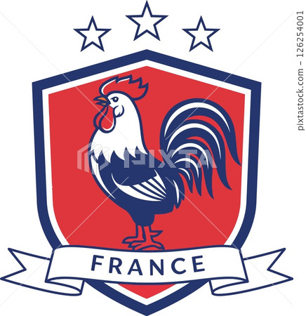 Rooster emblem with France text red blue and white colors shield design three stars vector illustration Rooster emblem with France text red blue and white colors shield design three stars vector illustration 126254001