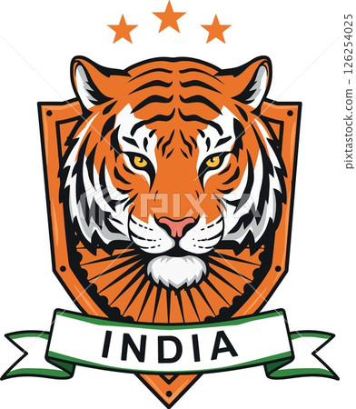 Fierce tiger head mascot with orange shield and stars above for India emblem vector Fierce tiger head mascot with orange shield and stars above for India emblem vector 126254025