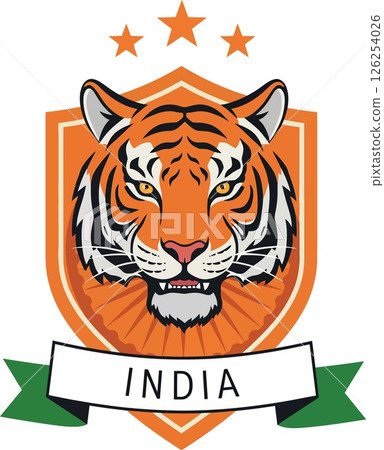 Tiger head emblem with orange shield and green banner featuring India text and three stars vector illustration 126254026