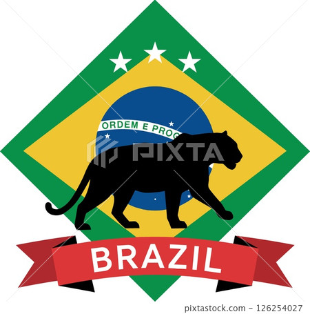 Black Panther Silhouette with Brazil Flag and Red Ribbon Banner Vector Illustration 126254027
