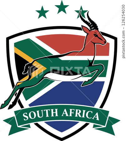 South Africa Springbok Shield Logo with Flag Colors and Stars Emblem South Africa Springbok Shield Logo with Flag Colors and Stars Emblem 126254030