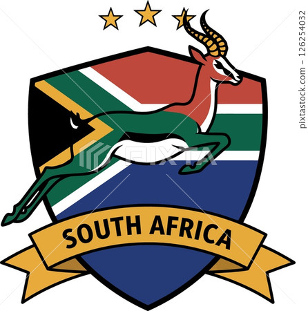 Springbok emblem with South African flag shield and golden stars vector illustration Springbok emblem with South African flag shield and golden stars vector illustration 126254032