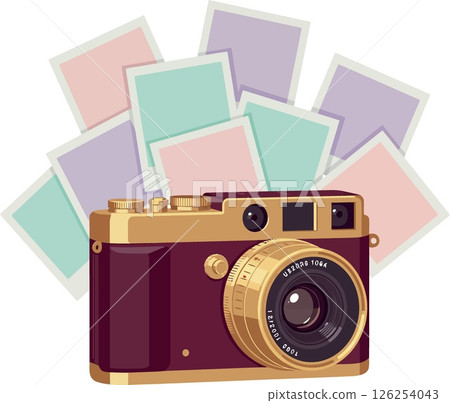 Vintage camera with colorful photo prints retro style illustration vector design 126254043