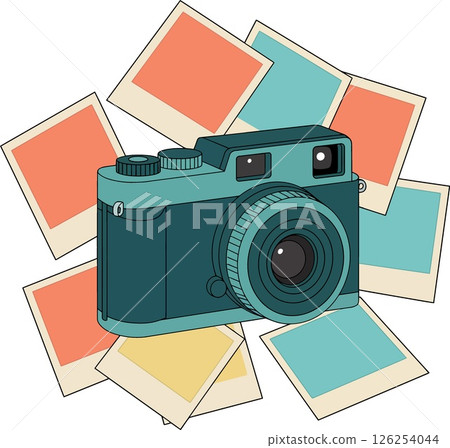 Vintage camera with colorful photo prints illustration in retro style vector 126254044