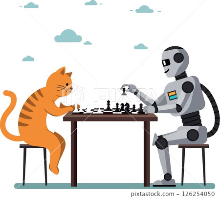 Robot and orange cat playing chess together on stools in friendly game vector illustration 126254050