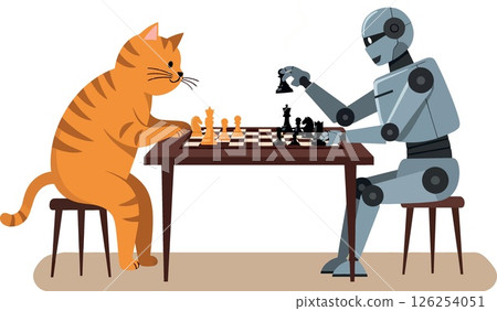 Cat and robot playing chess vector illustration with brown and gray colors 126254051