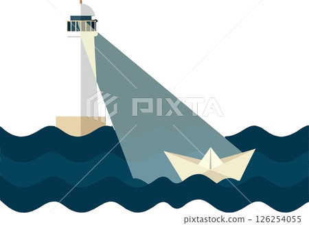 Lighthouse guiding paper boat on dark blue sea waves vector illustration with long shadow 126254055