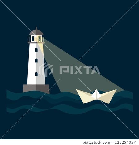 Lighthouse shining light on paper boat in dark sea vector illustration nighttime scene 126254057